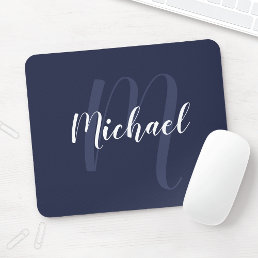 Modern Personalized Monogram and Name Navy Blue Mouse Pad