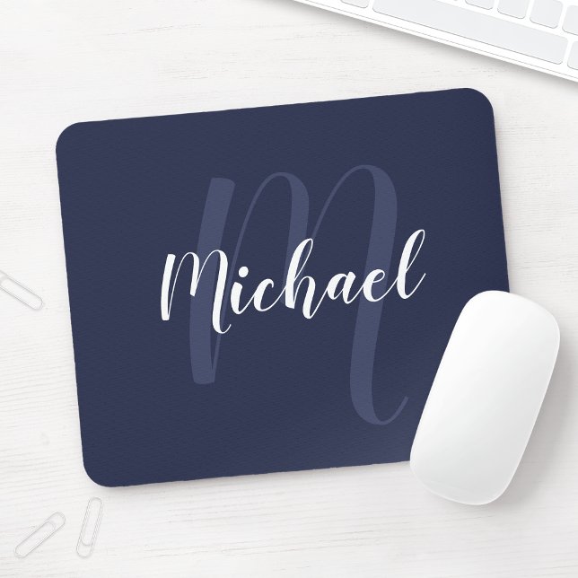 Modern Personalized Monogram and Name Navy Blue Mouse Pad (Creator Uploaded)