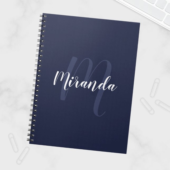 Modern Personalized Monogram and Name Navy Blue Notebook (Creator Uploaded)
