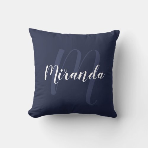 Modern Personalized Monogram and Name Navy Blue Throw Pillow
