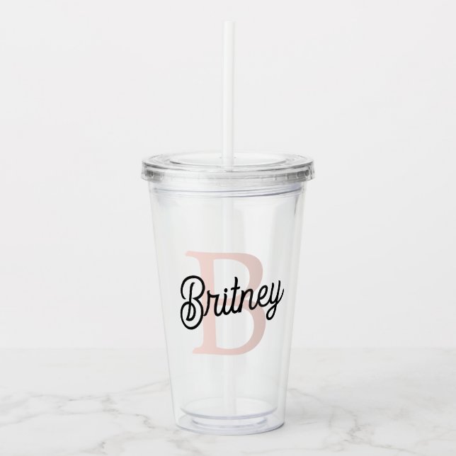Modern Personalized Monogram and Name Pastel Pink Acrylic Tumbler (Front)