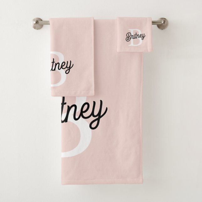 Modern Personalized Monogram and Name Pastel Pink Bath Towel Set (Insitu)