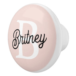 Modern Personalized Monogram and Name Pastel Pink Ceramic Knob