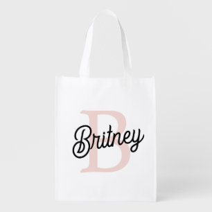 Modern Personalized Monogram and Name Pastel Pink Grocery Bag