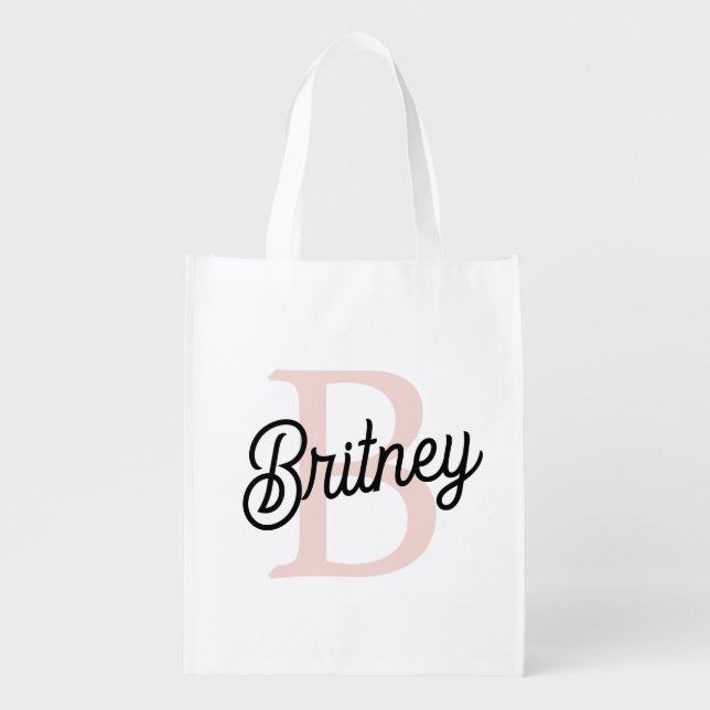 Modern Personalized Monogram and Name Pastel Pink Grocery Bag (Front)