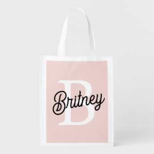 Modern Personalized Monogram and Name Pastel Pink Grocery Bag
