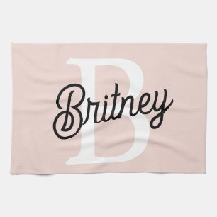 Modern Personalized Monogram and Name Pastel Pink Kitchen Towel