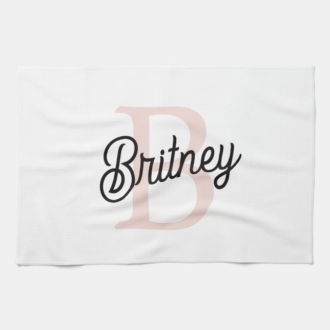 Modern Personalized Monogram and Name Pastel Pink Kitchen Towel (Horizontal)