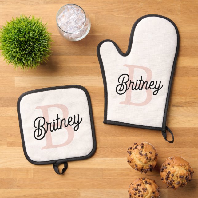 Modern Personalized Monogram and Name Pastel Pink Oven Mitt & Pot Holder Set (Top Down)