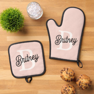 Modern Personalized Monogram and Name Pastel Pink Oven Mitt & Pot Holder Set
