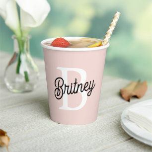 Modern Personalized Monogram and Name Pastel Pink Paper Cups