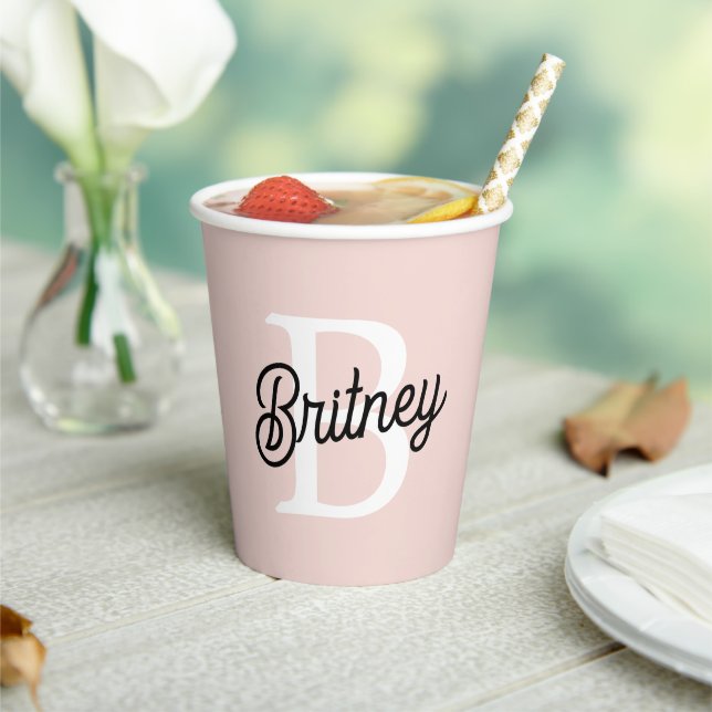 Modern Personalized Monogram and Name Pastel Pink Paper Cups (Insitu)