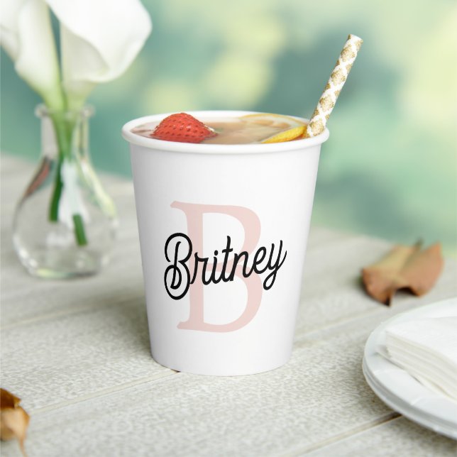Modern Personalized Monogram and Name Pastel Pink Paper Cups (Insitu)