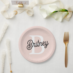 Modern Personalized Monogram and Name Pastel Pink Paper Plates