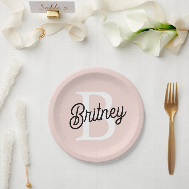 Modern Personalized Monogram and Name Pastel Pink Paper Plates (Wedding)