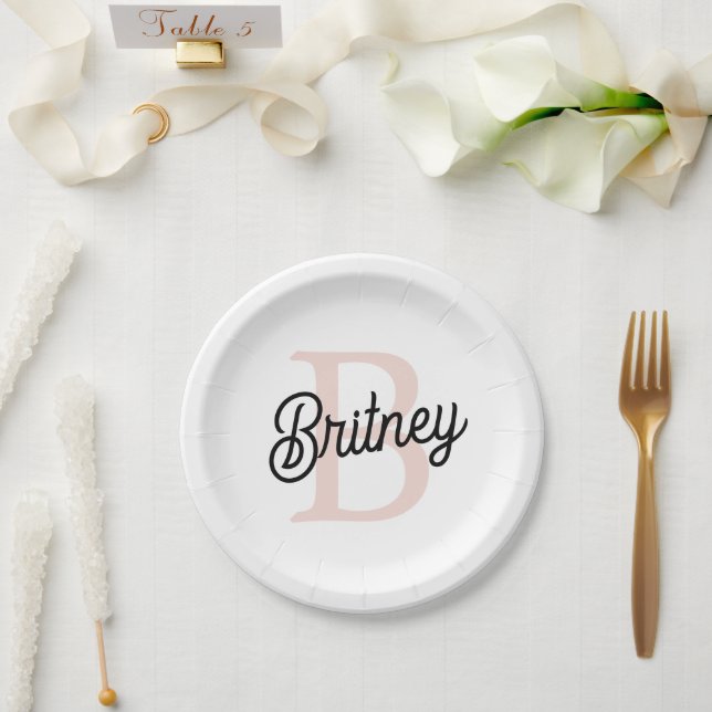 Modern Personalized Monogram and Name Pastel Pink Paper Plates (Wedding)