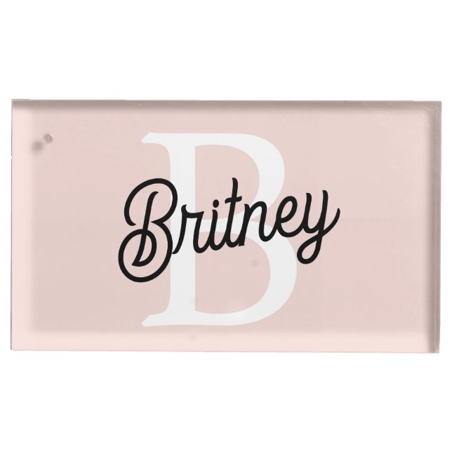Modern Personalized Monogram and Name Pastel Pink Place Card Holder (Front)