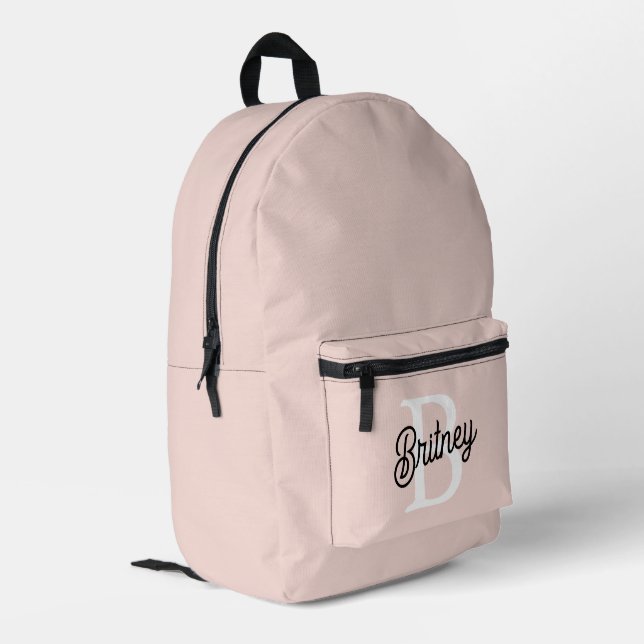 Modern Personalized Monogram and Name Pastel Pink Printed Backpack (Back Corner Left)
