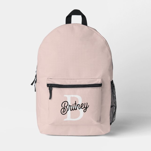 Modern Personalized Monogram and Name Pastel Pink Printed Backpack (Front)