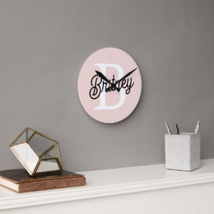 Modern Personalized Monogram and Name Pastel Pink Round Clock