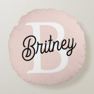 Modern Personalized Monogram and Name Pastel Pink Round Pillow