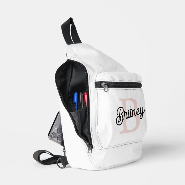 Modern Personalized Monogram and Name Pastel Pink Sling Bag (Open)