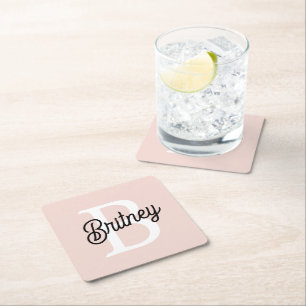 Modern Personalized Monogram and Name Pastel Pink Square Paper Coaster