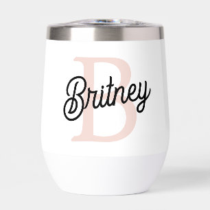 Modern Personalized Monogram and Name Pastel Pink Thermal Wine Tumbler