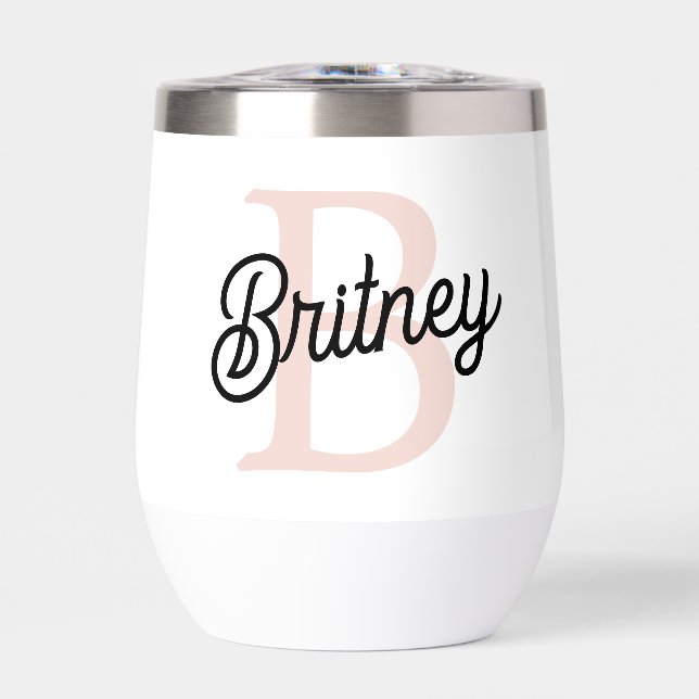 Modern Personalized Monogram and Name Pastel Pink Thermal Wine Tumbler (Front)