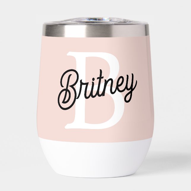 Modern Personalized Monogram and Name Pastel Pink Thermal Wine Tumbler (Front)