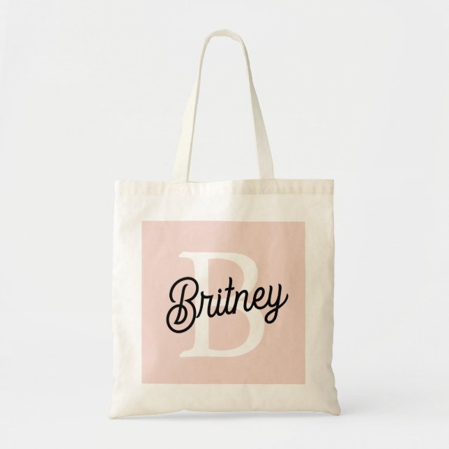 Modern Personalized Monogram and Name Pastel Pink Tote Bag (Front)