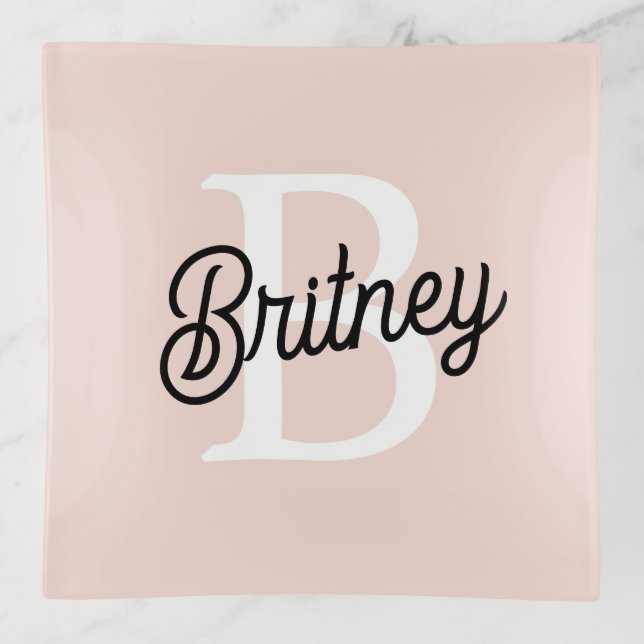 Modern Personalized Monogram and Name Pastel Pink Trinket Tray (Front)