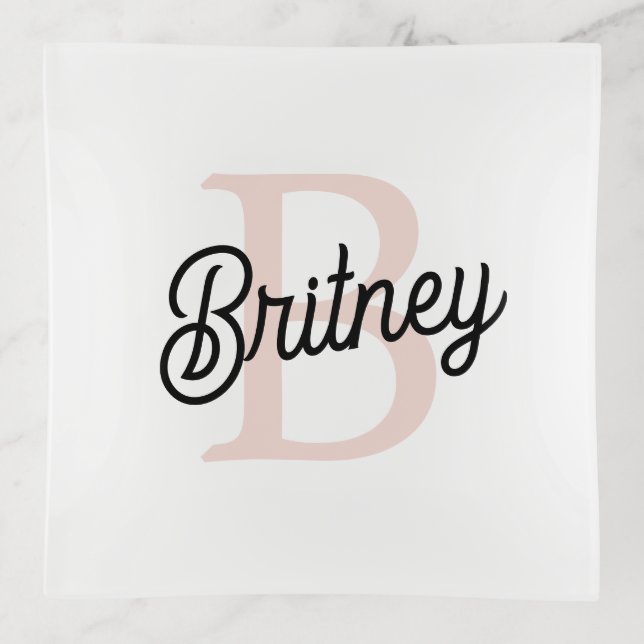 Modern Personalized Monogram and Name Pastel Pink Trinket Tray (Front)