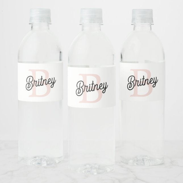 Modern Personalized Monogram and Name Pastel Pink Water Bottle Label (Bottles)