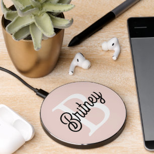 Modern Personalized Monogram and Name Pastel Pink Wireless Charger