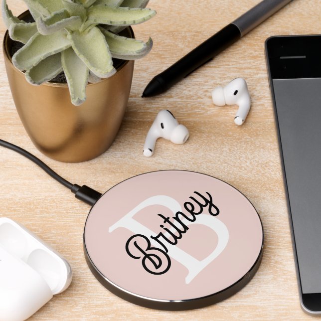 Modern Personalized Monogram and Name Pastel Pink Wireless Charger (Desk 2)