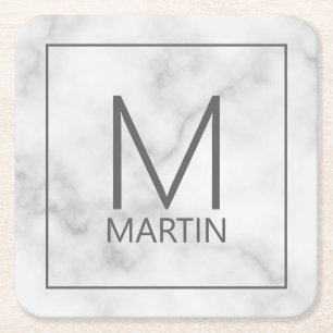 Modern Personalized Monogram and Name Square Paper Coaster