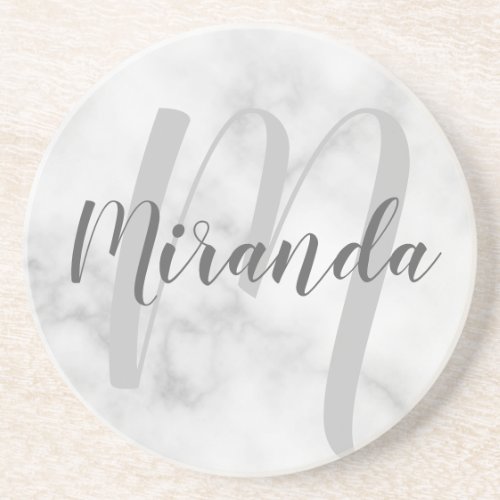 Modern Personalized Monogram and Name White Marble Coaster