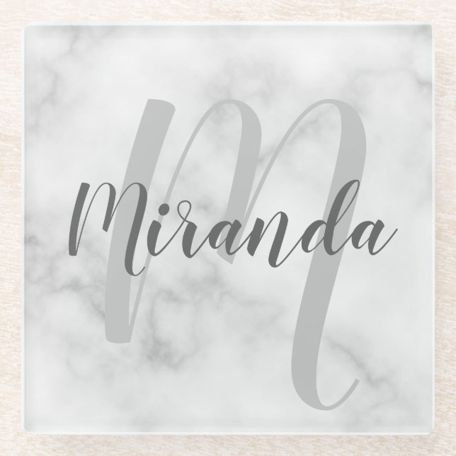 Modern Personalized Monogram and Name White Marble Glass Coaster (Front)