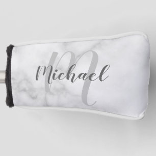 Modern Personalized Monogram and Name White Marble Golf Head Cover