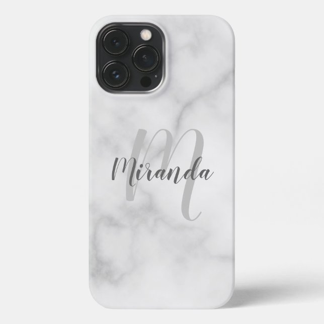 Modern Personalized Monogram and Name White Marble iPhone Case (Back)