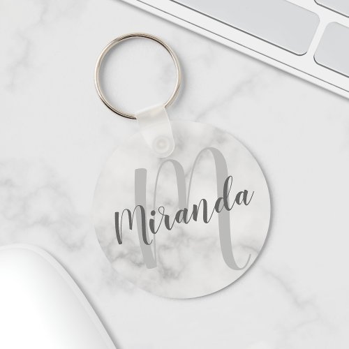 Modern Personalized Monogram and Name White Marble Keychain