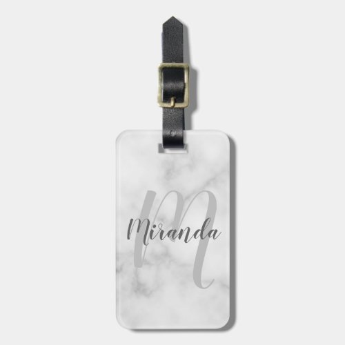 Modern Personalized Monogram and Name White Marble Luggage Tag