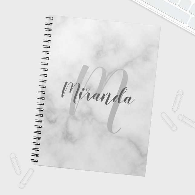 Modern Personalized Monogram and Name White Marble Notebook (Creator Uploaded)