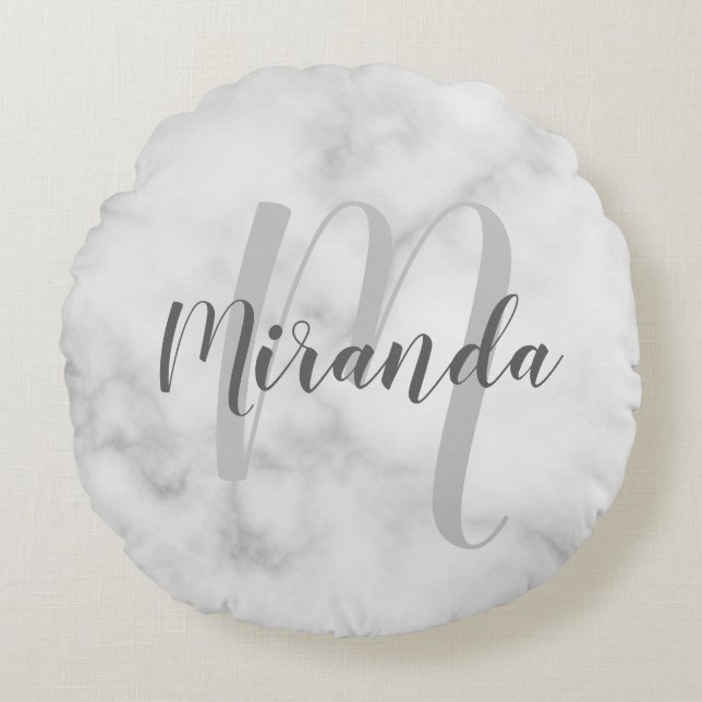 Modern Personalized Monogram and Name White Marble Round Pillow (Front)