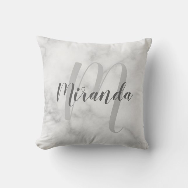 Modern Personalized Monogram and Name White Marble Throw Pillow (Front)