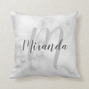 Modern Personalized Monogram and Name White Marble Throw Pillow