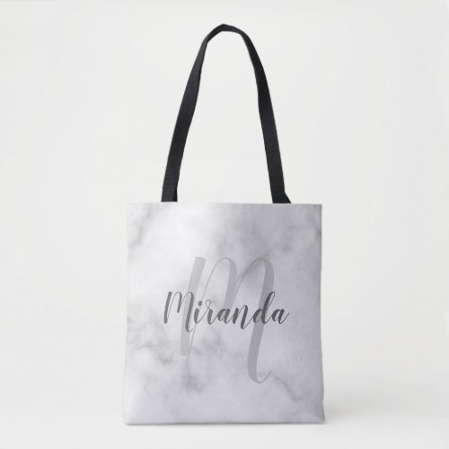 Modern Personalized Monogram and Name White Marble Tote Bag