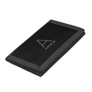 Modern Personalized Monogram Black Gray Tri-fold Wallet