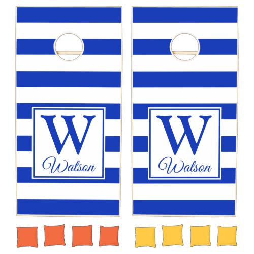Modern Personalized Monogram Blue Stripes Cornhole Set